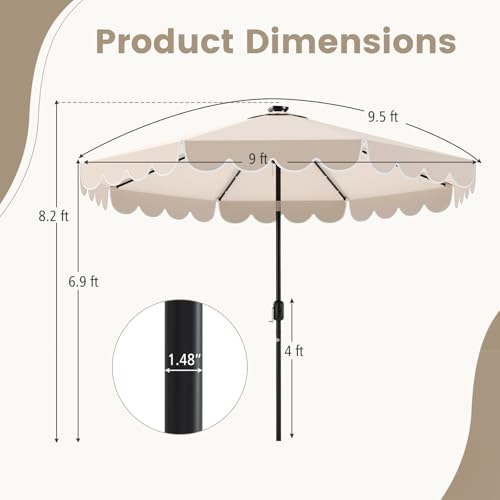 Tangkula 9 FT Solar Patio Umbrella, 2-Tiers Scalloped Outdoor Table Market Umbrella with 32 LED Lights, Vented Top, Tilt Adjustment, Crank, 8 Ribs for Backyard Poolside Deck Beach Lawn (Beige) - color: Beige, size: 9Ft