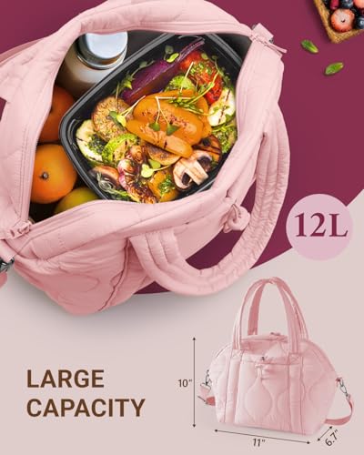 WONDAY Insulated Lunch Bags for Women, 12L Puffy Lunch Tote with Shoulder Strap, Waterproof, Leakproof, Reusable, Keeps Food Fresh, Perfect for Work, Travel, Picnic - color: Pink