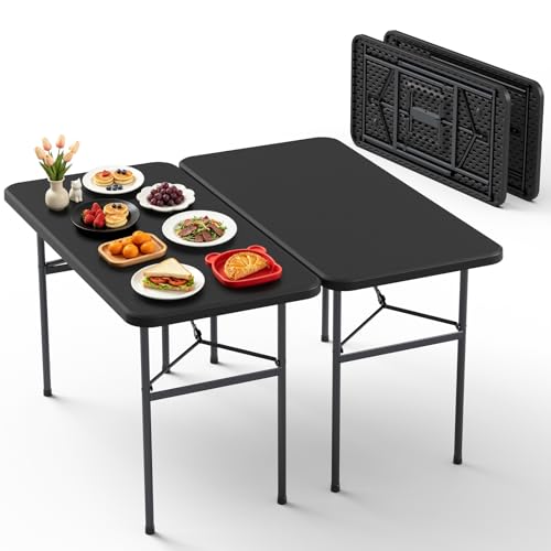 4ft Folding Table 2 Pack, Heavy Duty Plastic Card Table with Foldable Steel Legs, Metal Frame Support up to 400 lb, Portable for Indoor, Outdoor, Picnic, Camping, Dining, Party, Black - color: Black, size: 4FT-2pack
