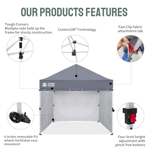 CROWN SHADES Pop Up Canopy Tent, 8x8 Commercial Canopy Tent with 4 Sidewalls, 4" Wheels, 4 Upgraded Weights, Patented Centerlock, 400D Fabric, Sto'N Go Bag, Gray - color: Gray, size: 8x8 Tall Center