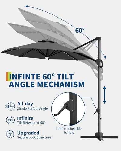 9ft Outdoor Patio Umbrella Heavy Duty 8 Ribs, Waterproof UV Protection Sun Shade with Crank Lift & Push Button Tilt, Outdoor Umbrella for Deck, Pool, Garden, Backyard, Lawn - color: Gray&Round-Lights, size: 10FT Roman