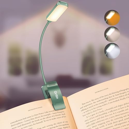 Gritin 9 LED Rechargeable Book Light for Reading in Bed - Eye Caring 3 Color Temperatures,Stepless Dimming Brightness,80 Hrs Runtime Small Lightweight Clip On Book Reading Light for Studying-Green - color: Green