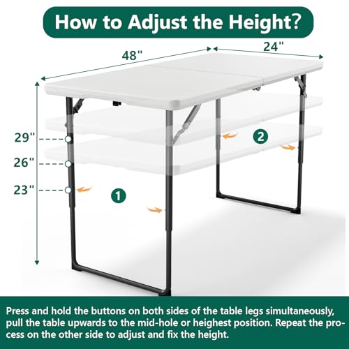Folding Table 4ft - Heavy Duty Fold-in-Half Plastic Table with Adjustable Height, Portable Utility Tables with Steel Legs for Indoor, Outdoor, Picnic, Camping, Dining, Party (White) - color: White, size: 4ft