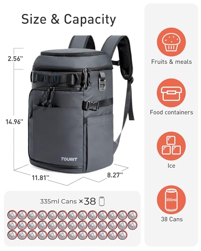 TOURIT 38 Cans Backpack Cooler: Leak Proof Waterproof 2 Insulated Compartments Soft Cooler Bag Beach Travel Camping Picnic, Sports Fan Coolers - color: Navy Blue