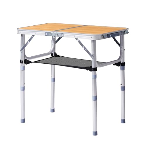 Camping Table, Adjustable Height Folding Table, Portable Aluminum Small Folding Table with Carry Handle for Picnic, BBQ, Indoor, Office (Wood Color, 2 FT) - color: Wood Color, size: 2 FT