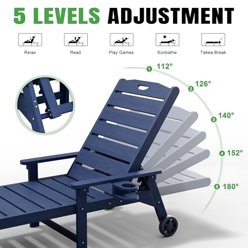 Outdoor Lounge Chair with 5-Position Adjustable, Outside Lounge Chair with Cup Holder, Wheels for Easy Mobility, HDPE Tanning Chair for Poolside, Patio, Blue - color: Blue, size: 1pc