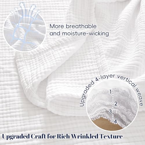 PHF 100% Cotton Muslin Blanket King Size 108"x90", 4-Layer Lightweight Gauze Throw, Breathable Cloud-Soft Minimalist Blanket for Bed, Couch, Camping, White, Ideal Gift - color: 01 - White, size: King Size(108"X90")