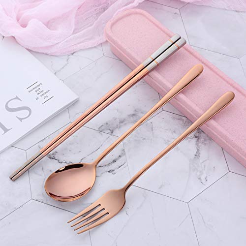 3 Piece Portable Flatware Set, Chopsticks, Fork and Spoon with Travel Case, Rose Gold - color: Rose Gold