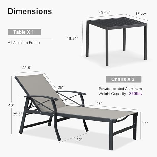 PURPLE LEAF Oversized Chaise Lounge Chair Outdoor Set of 2 Extra Wide Pool Lounge Chairs 5 Adjustable Position with Armrests and Side Table Aluminum Patio Lounge Chair for Outside Beach, Deep Beige - color: Deep Beige, size: Oversized