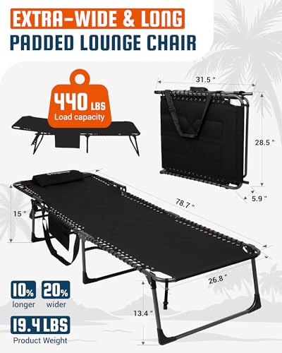 KingCamp Oversized Tanning Chair, Extra-Wide Padded Folding Chase Lounge Chairs Portable Adjustable 5-Position 440lbs Heavy Duty Lounger with Double-Layer Oxford for Outdoor Beach Patio Sun Pool Black - color: Pro-black-1 Pack