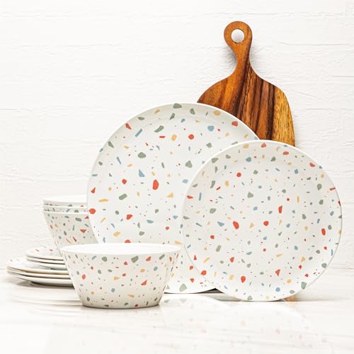Bzyoo 12-Piece Melamine Dinnerware Set - White Confetti | Lightweight, Durable, BPA-Free | Dishwasher Safe Dish Set for Indoor & Outdoor Use - Perfect for Camping, BBQs, Kids Parties - color: White Confetti