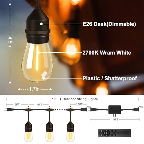 100FT Outdoor String Lights with 64+4 Bulbs (1.5FT Bulbs Spacing), Remote & Dimmer, Commercial Patio String Lights with 3 Mode Light & Timing, IP65 Waterproof, 100PC Mounting Ties for Outside - size: 100ft With Remote (1.5ft Bulbs Spacing)