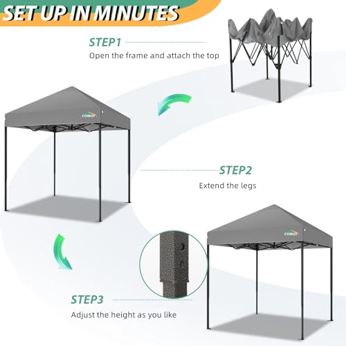 COBIZI 6.6x6.6ft Pop Up Canopy, Heavy Duty Tent Canopy Easy Set up All Weather Waterproof Outdoor Canopy Tent for Parties, Beach, Garden, Camping with 1 Handbag, 3 Adjustable Heights, UPF50+, Grey - color: Gray, size: 6.6x6.6 Without Sidewalls