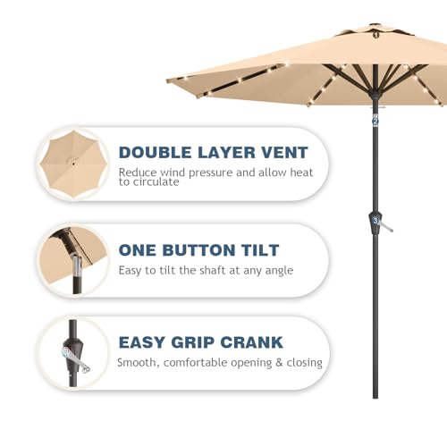 9FT Patio Umbrella with Solar Lights,Outdoor Market Umbrella with Tilt and Crank, LED Lighted Table Umbrella for Garden,Deck,Backyard,Pool,Beach (Khaki) - color: Khaki