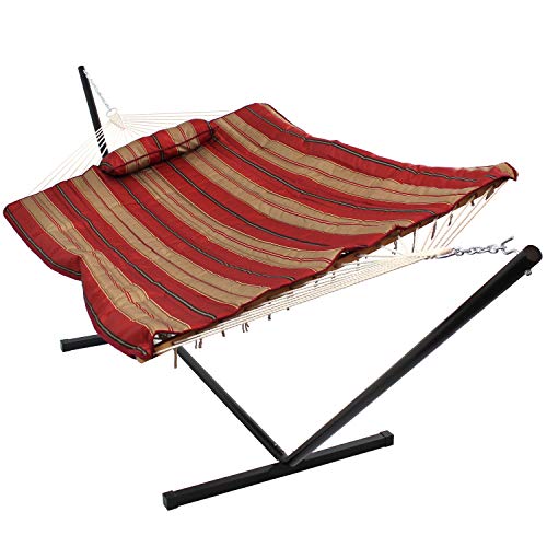 Sunnydaze Rope Hammock with Stand for Outside - Heavy Duty Freestanding Portable Outdoor Hammock Set with Quilted Pad, Pillow, and 12-Foot Steel Frame - 275 lb Capacity - Awning Stripe - color: Awning Stripe