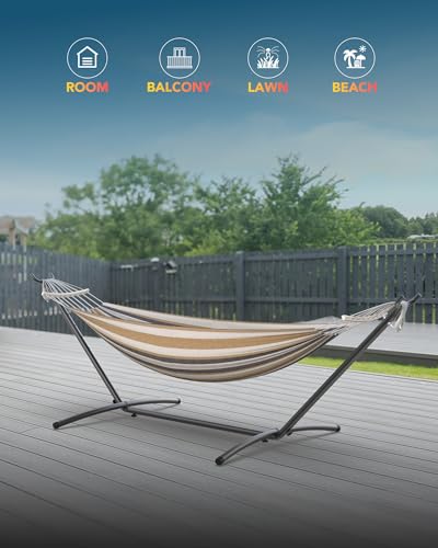 Everyfun Double Hammock with Space-Saving Steel Stand, 2 Person Heavy-Duty Hammock for Garden, Yard or Outdoor, 600lbs Capacity, Coffee - color: Dc-coffee