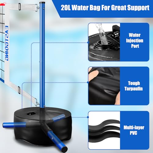 Eastgoing Pool Volleyball Net Set with Light,Adjustable Length 15-25FT，Swimming Pool Volleyball Net System with 2 Water Volleyballs and Heavy Duty Base.