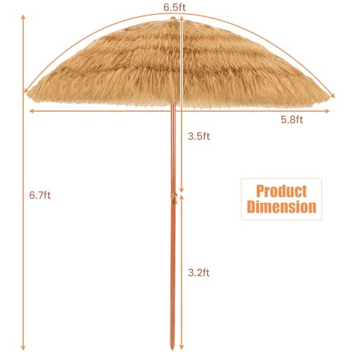 Tangkula 6.5Ft Tiki Patio Umbrella, Hawaiian Style Outdoor PE Grass Umbrella with Tilt Adjustment, 8 Ribs, Portable Thatched Beach Umbrella for Garden, Yard, Poolside - color: Natural, size: 6.5Ft