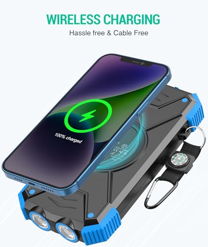 BLAVOR Solar Power Bank 10,000mAh, Portable Wireless Charger, 20W Fast Charging External Battery Pack with USB C for Cell Phones, Solar Panel Charging with Dual Flashlight for Camping - color: Blue