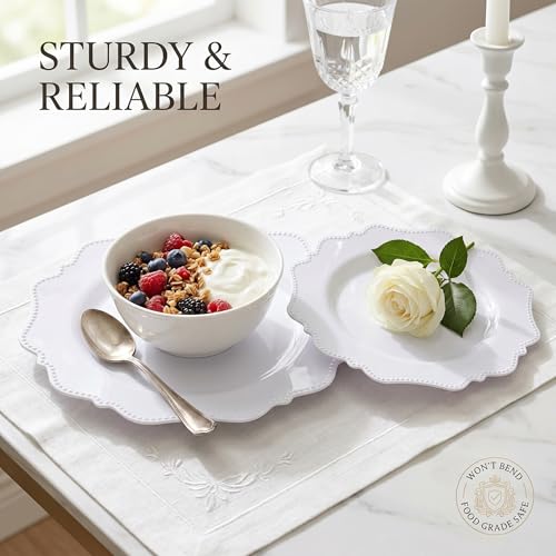 COLOSUS 100 pcs White Plastic Plates Set,Fancy Beaded Plates-European Retro plates include 50 dinner plates and 50 dessert plates,Plastic Disposable plates for BBQ and Party - color: White