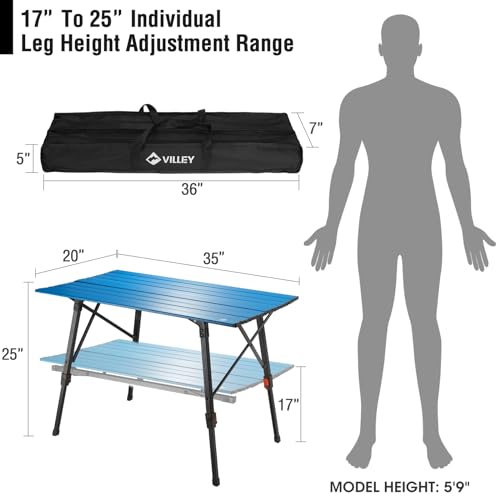 VILLEY Portable Camping Table with Adjustable Legs, Lightweight Aluminum Folding Beach Table with Carrying Bag for Outdoor Cooking, Picnic, Beach, Backyards, BBQ and Party - Blue - color: Blue