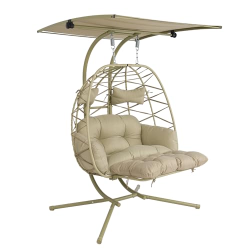 Double Egg Chair Outdoor with Stand & Canopy,Hanging Loveseat Hammock Swing Chair with Leg Rests & UV Resistant Cushion,Patio Swinging Chair,600LBS Capacity for Bedroom Balcony Garden - color: Double Chair & Footrest & Canopy, size: Khaki Frame&Floral Cus