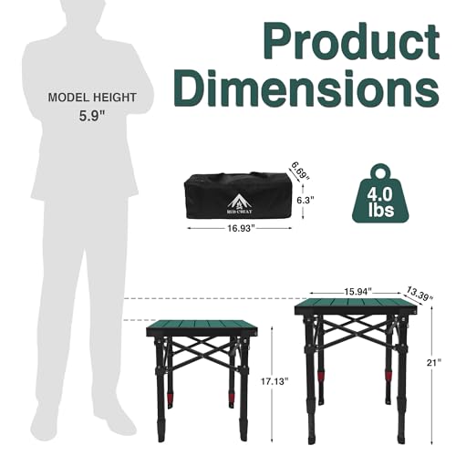 Camping Table Portable Foldable with Adjustable Height, Lightweight Collapsible Aluminum Roll-Up Camp Table with Storage Bag & Carry Bag, Heat-Resistant for RV Picnic BBQ Camping (Small 16"×13") - size: Small 16"×13" - Low Table Height (21"h)