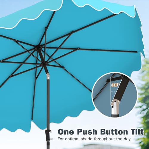 Tangkula 9 FT Patio Umbrella with Base Included, 2-Tiers Outdoor Scalloped Table Umbrella with 2 Sandbags, Tilt Adjustment, Crank, 8 Ribs for Market Backyard Pool Deck Beach Lawn - color: Blue, size: 9 FT