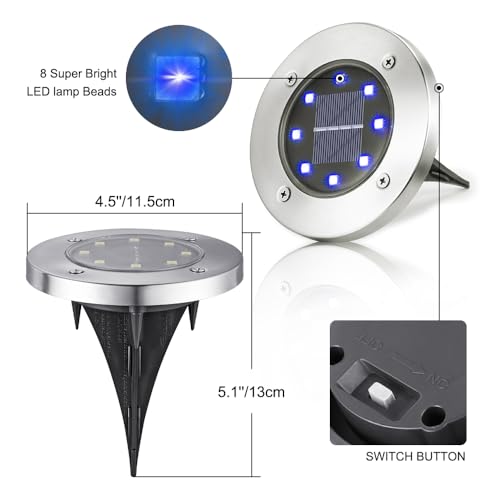 LYHOPE Solar Ground Lights Outdoor, 16 Pack 8 LED Solar Disk Lights Waterproof Garden In-ground Pathway Lights Landscape Lighting for Lawn,Yard,Deck,Patio,Walkway (Blue) - color: Blue, size: 16 Pack