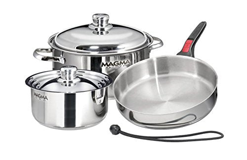 Magma 7 Piece Gourmet Nesting Stainless Steel Cookware Set, Induction Compatible, Oven Safe to 500°F - Suitable for All Stovetops, Removable Handles, Black - color: Stainless Steel, style: 7 Piece