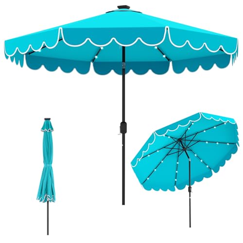 Tangkula 10FT Solar LED Patio Umbrella, 2-Tiers Scalloped Outdoor Table Market Umbrella with 24 LED Lights, Vented Top, Tilt Adjustment, Crank, 8 Ribs for Backyard Poolside Deck Beach Lawn (Turquoise) - color: Turquoise, size: 10Ft
