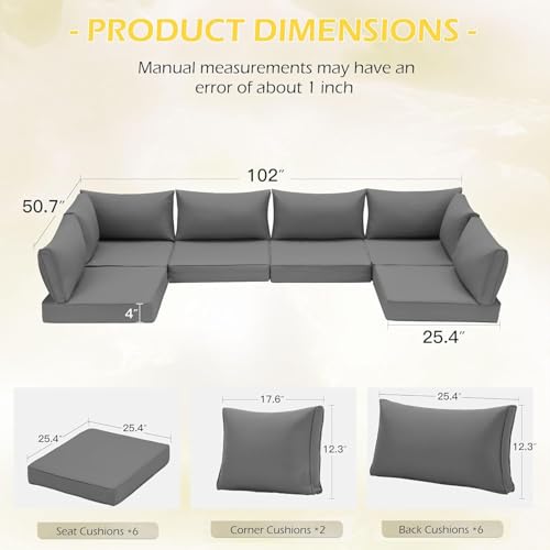 HOMREST Outdoor Replacement Cushions for Patio Furniture,Water-Repellent Sofa Cushion for 6-Seat Rattan Wicker Sectional Patio Conversation Sets,14-Piece Cushions Set for Outdoor Couch-Gray - color: Grey, size: 6 Seat
