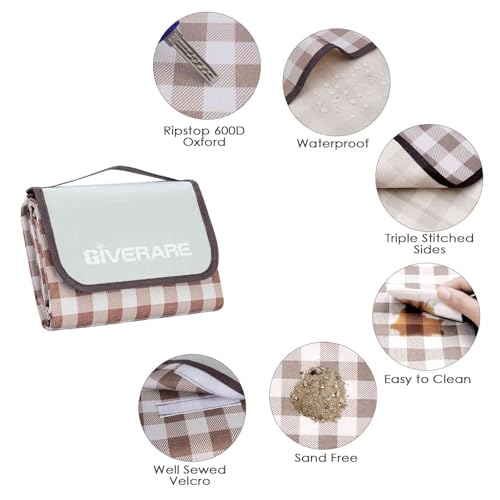 GIVERARE Picnic Beach Blanket Extra Large, XL Sandproof Waterproof Outdoor Camping Blankets 80x60in, Sand Free Oversized Mat, Quick Drying Portable Mats for Travel, Hiking, Music Festival, Lawn-Brown - color: Brown