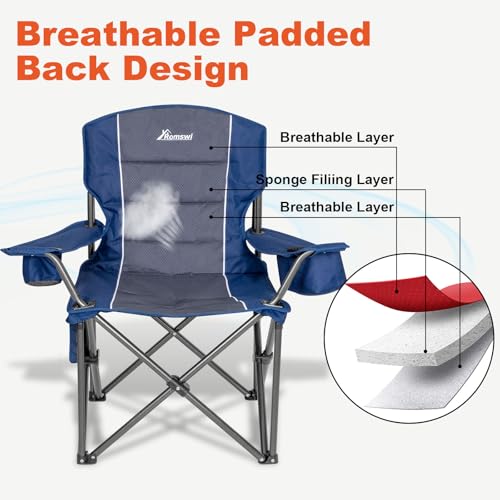 Romswi Oversized Camping Chairs,Heavy Duty Support 500 LBS,Padded Back & Arm Sport Chairs, Cup Holder Cooler Bag, Collapsible Folding Chairs for Outdoor, Fishing & Garden, Blue,2-Pack - color: Blue
