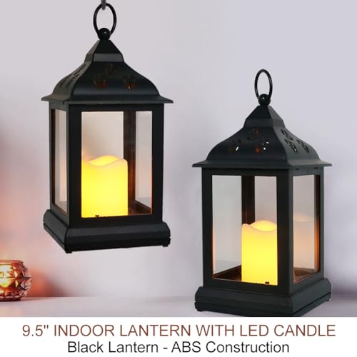 2-Pack 9.5" Vintage Decorative Candle Lantern with LED Flickering Flameless Candle (Black, 8hr Timer) - Indoor Hanging Lanterns Decorative Lanterns Battery Powered LED Candle Timer Candle - color: Black