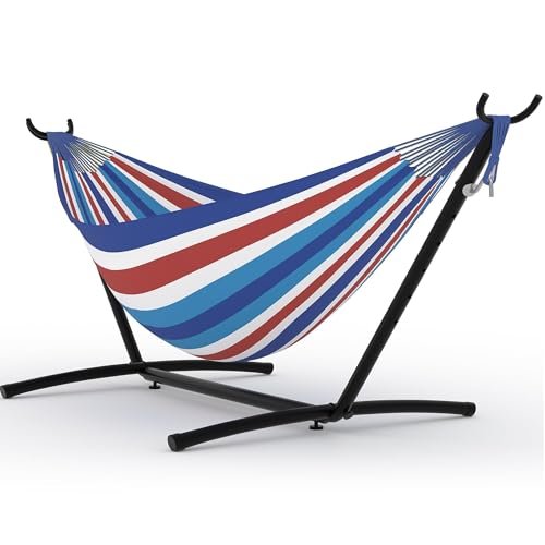 Double Hammock with Stand, 450lbs Capacity Heavy-Duty Steel Frame, Portable Space-Saving Design with Carry Bag for Indoor & Outdoor Use, Blue&White Red - color: Blue Red White Stripes