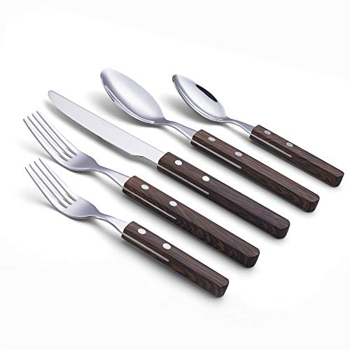 ANNOVA 20 Piece Silverware Set, Service for 4, Stainless Steel Retro/Rivet Walnut Wood Tableware Kitchen Flatware Set Utensils, Includes Dinner Knives, Forks, Spoons, Salad Forks & Dessert Spoons - color: Walnut/Wood 303, size: 20 Pieces