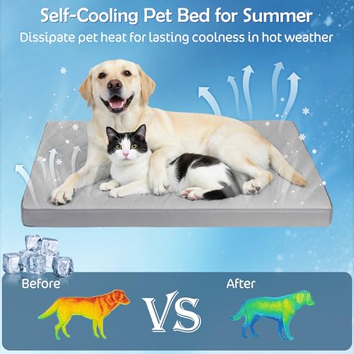 Q-Max>0.4 Cooling Dog Bed, 44" x 32" Orthopedic Dog Beds Large Sized, Waterproof Self-Cooling Pet Mat for Summer with Removable Washable Cover, Egg Crate Foam, Anti-Slip Bottom, Non-Gel, Grey - color: Cooling Grey, size: 44" x 32"