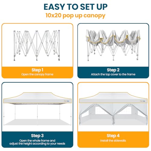 Hoteel 10x20 Pop Up Canopy Tent Heavy Duty with 6 Sidewalls, Waterproof Party Tent, Easy Set-up Commercial Instant Tents with Roller Bag & Sandbags, Hexagonal Leg (1-Year Warranty) - color: White, size: 10×20 （6 Walls）