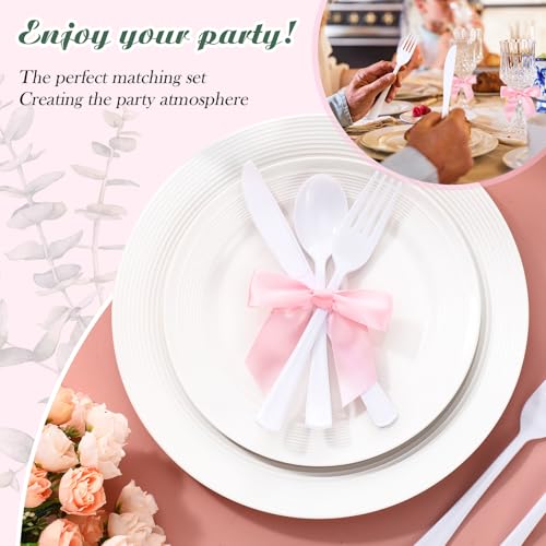 Minatee 25 Sets White Plastic Cutlery Set with Twist Tie Bows, Heavy Duty Tableware Disposable Forks Knives Spoons Silverware Utensils Set for Coquette Birthday Bow Party Table Setting Picnics - color: White,Pink