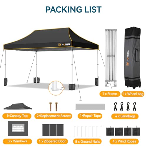 Hoteel 10x15 Pop Up Canopy Tent Heavy Duty with 4 Sidewalls, Waterproof Party Tent, Easy Set-up Commercial Instant Tents with Roller Bag & Sandbags, Hexagonal Leg (1-Year Warranty) - color: Black, size: 10×15 （4 Walls）