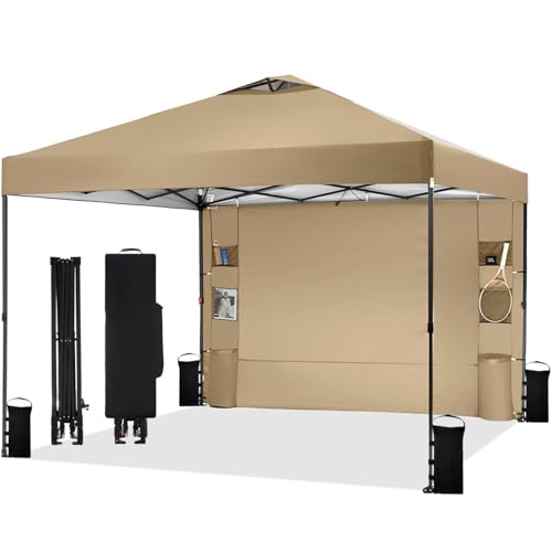 Tunbne 12'x12' Pop Up Canopy Tent with 1 Sidewall and 6 Pockets, One Push Setup, Instant Shade Tent with Vented Roof for Beach Patio Outdoor, Case, 8 Stakes, 4 Ropes, 4 Sandbags(Khaki, 12x12) - color: Khaki, size: 12x12