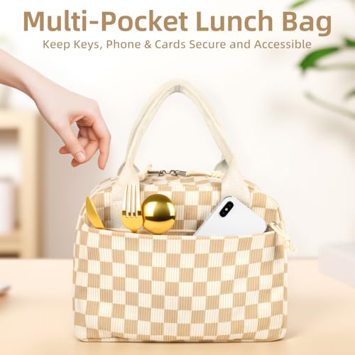 Reusable Insulated Lunch Bag for Women Men, Corduroy Lunch Tote Leakproof Cooler Bag with Reinforced Stitching, Cute Lightweight Thermal Lunch Box for Work Study Picnic Travel, Checkered Beige Brown - color: Checkered Beige Brown