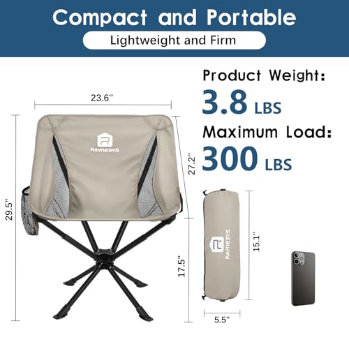 Raynesys Portable Camping Chair 2 Pack, 8 Seconds Quick Setup Folding Camping Chair, Flexible 360° Rotation, 3.8Lb Lightweight Travel Chairs for Easy Carry to Hiking, Sporting, Beach, Khaki - color: Khaki, size: 2 Pack