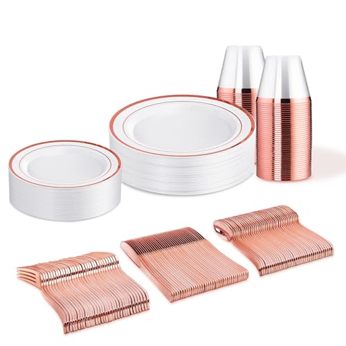 WELLIFE 150 PCS Rose Gold Disposable Dinnerware Set for 25 Guests, Valentine's Day Plate, 25 Dinner & Salad Plates, Cups, Forks Knives Spoons for Wedding Reception and Mothers Day Plates - color: Rose Gold, size: 25 Guests