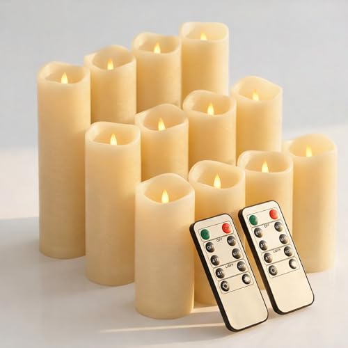 Waterproof Flameless Candles, 12 PC Battery Operated LED Pillar Candles with 2 Remote Controls & Timer, Flickering Indoor Outdoor Candles for Wedding, Patio, Easter, Bathroom, Home Decor, 4''5''6'' - color: Ivory White
