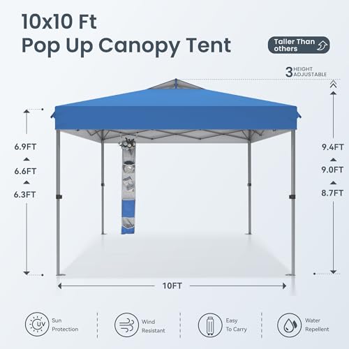 PHI VILLA 10x10 Pop Up Canopy Tent - One Push Setup, Instant Shade Tent with Vented Roof for Beach & Events - Includes Storage Bag, Sandbags, Stakes & Ropes (Blue) - color: Blue, size: 10×10 one push
