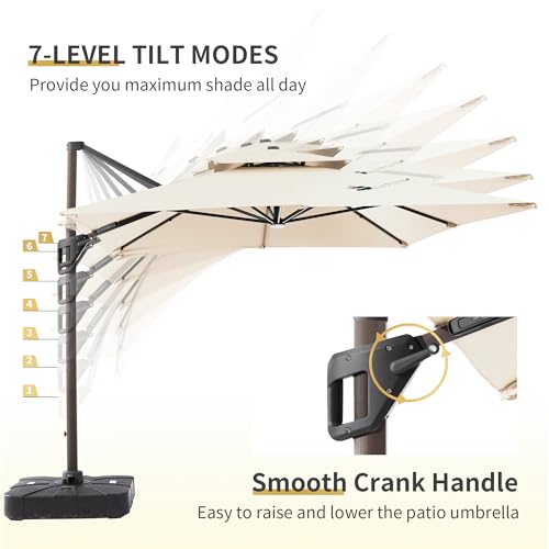 JZAC & QZYD 9x12 FT Outdoor Cantilever Patio Umbrella with Base Included and LED Lights, Large Heavy Duty 2-Tier Aluminum Offset Umbrellas with 360-Degree Rotation for Pool Deck, Beige - color: Beige, size: 9'×12' - Weighted Base Included