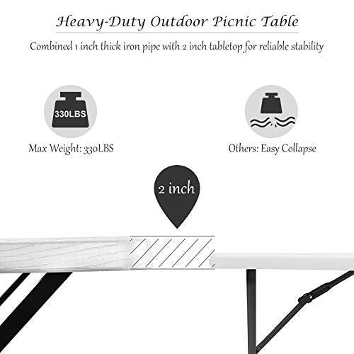 Moccha Picnic Table Bench Set - Portable Plastic Picnic Table w/Steel Frame & Wood-Like Texture, All Weather Heavy Duty Picnic Table Kit, Picnic Tables for Outdoors Garden Patio Party Dining (White) - color: White