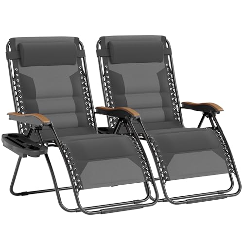 PHI VILLA XXL Oversized Padded Zero Gravity Chair Set of 2, Foldable Patio Recliner, 30" Wide Seat Anti Gravity Lounger with Armrest and Cup Holder, Support 400 LBS (Light Gray) - color: Light Gray, style: 2 Pcs